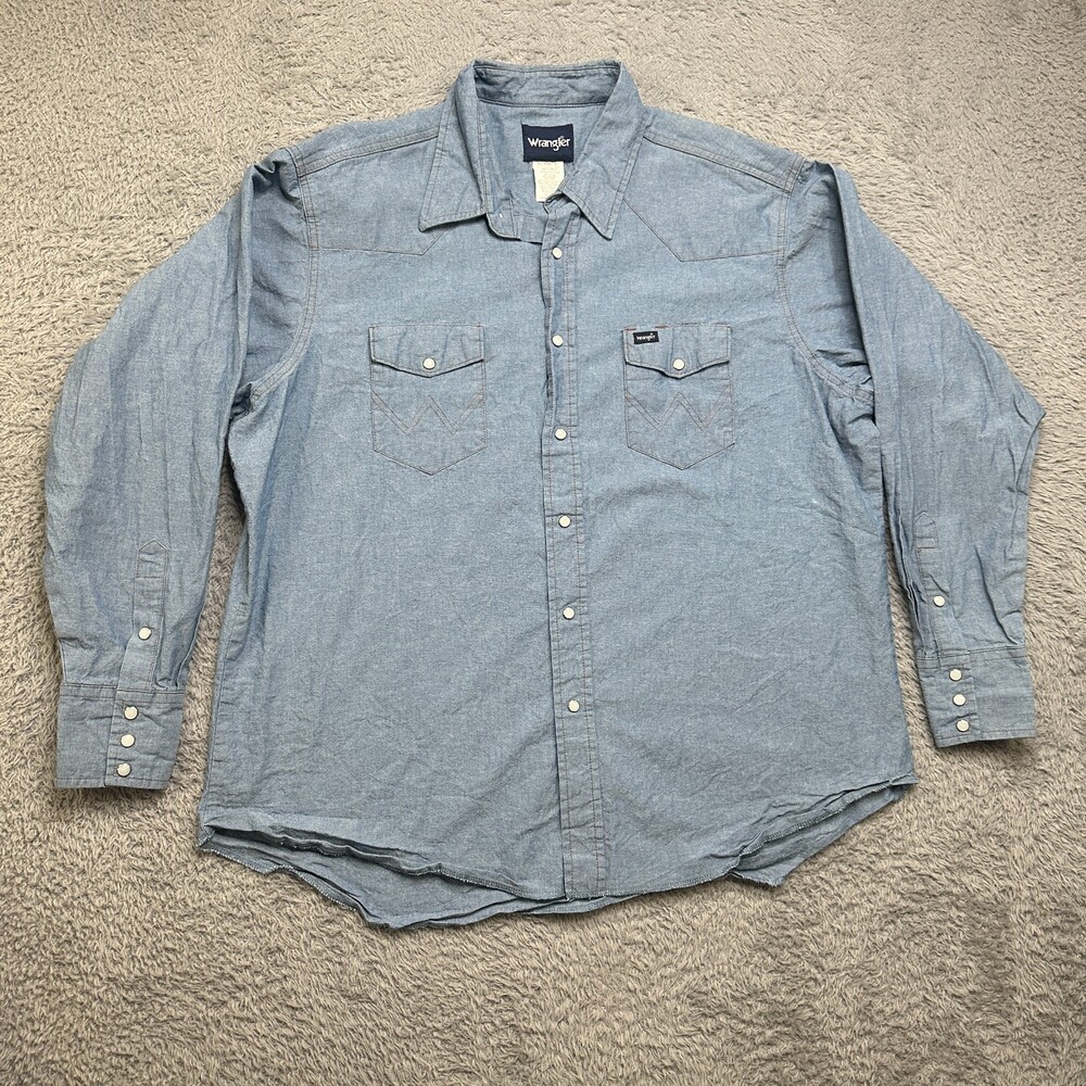 Wrangler Shirt Mens XLT Tall Blue Denim Pearl Snap Cowboy Pockets Work Western